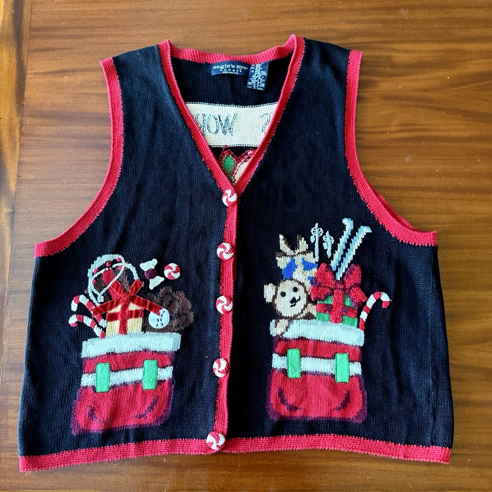 Vintage Eagle's Eye 1X Christmas Vest Santa's Workshop Stockings Novelty Granny